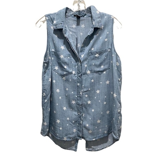 Aqua Tops - Aqua Star Print Chambray Sleeveless Top Blue Size Medium